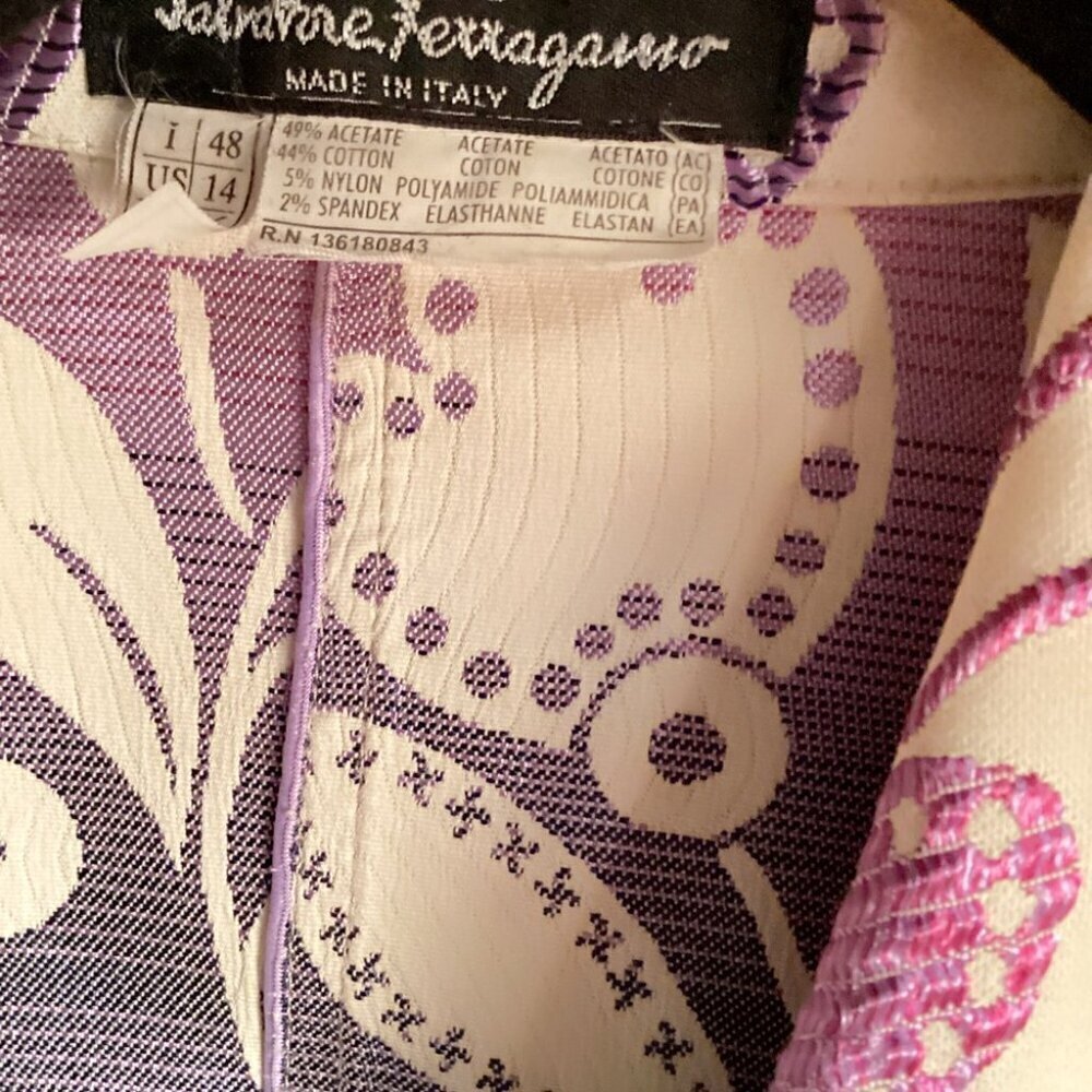 Salvatore Ferragamo Jacket and Skirt Set Embroidered Trim Lilac Piping - Picture 3 of 8